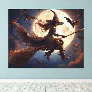 Halloween Steampunk Witch Moonlight Flight Canvas Print