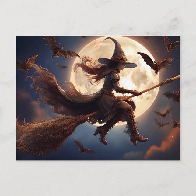Halloween Steampunk Witch Moonlight Flight Postcard (Front)