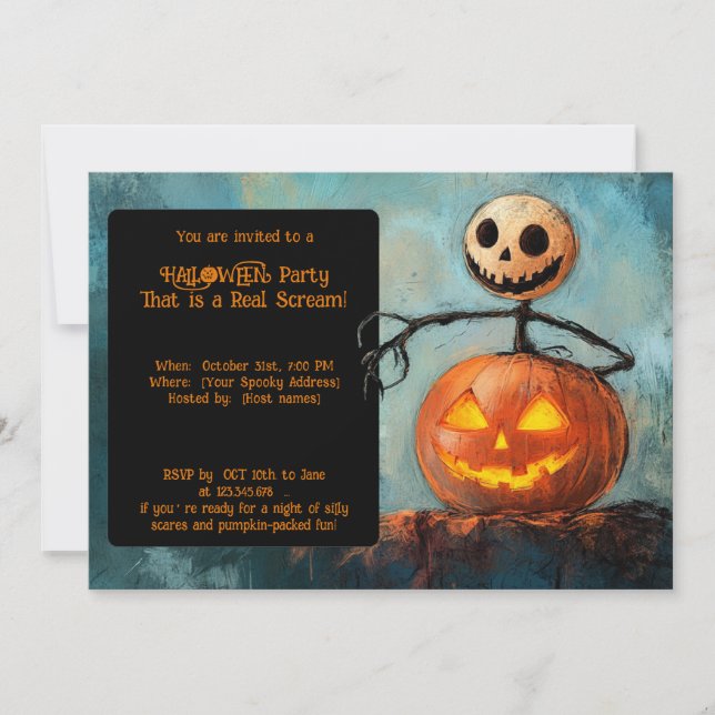 Halloween Stick Spectre & The Grinning Pumpkin Invitation (Front)