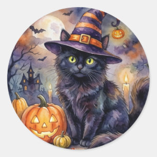 Halloween Sticker - Watercolor Black Cat Witch Hat