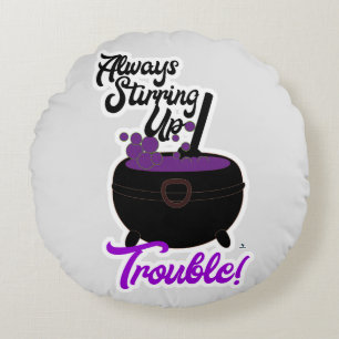 Halloween Stirring Up Trouble Witch Cauldron  Round Cushion