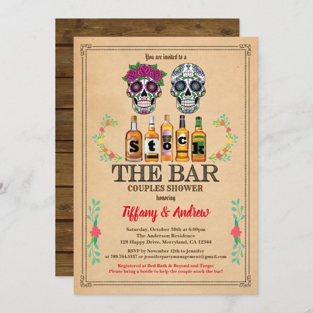 Halloween Stock The Bar invitation sugar skulls (Front/Back)