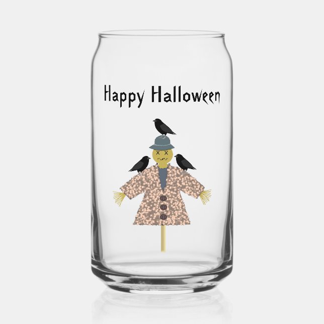 Halloween Straw Scarecrow and Ravens Custom Can Glass (Front)