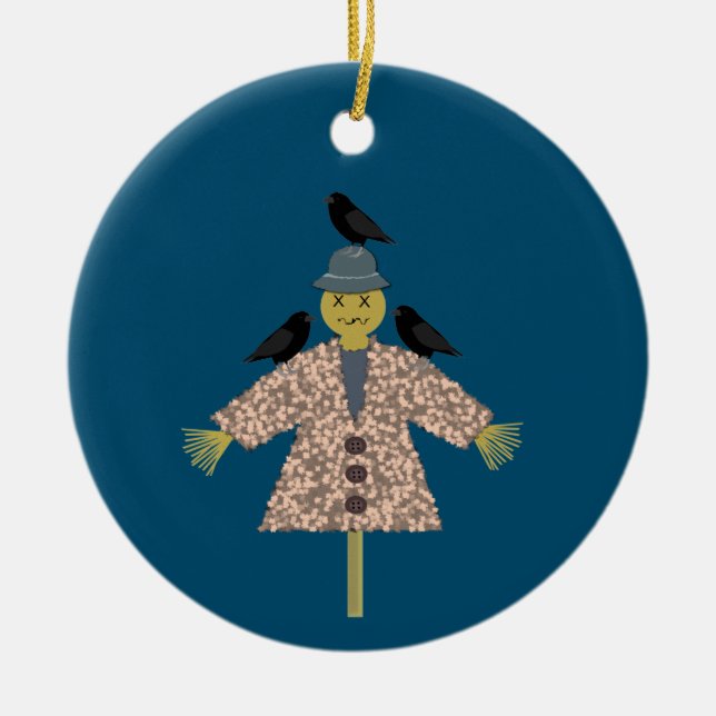 Halloween Straw Scarecrow and Ravens Custom Ceramic Tree Decoration (Front)