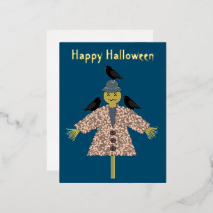 Halloween Straw Scarecrow and Ravens Custom Foil Holiday Postcard