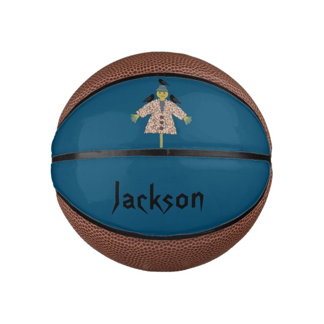 Halloween Straw Scarecrow and Ravens Custom Name Mini Basketball (Front)
