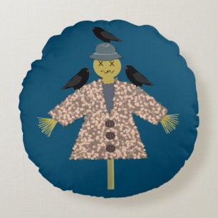 Halloween Straw Scarecrow and Ravens Custom Round Cushion