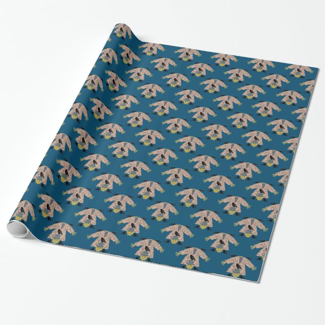 Halloween Straw Scarecrow and Ravens Patterned Wrapping Paper (Unrolled)