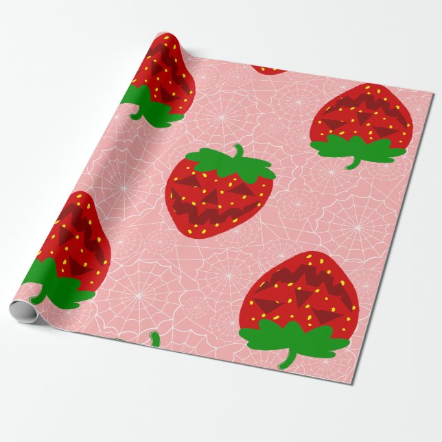 halloween strawberry rockabilly pink spiderweb wrapping paper (Unrolled)