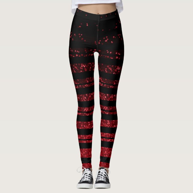 Halloween Stripe black and Red Glitter  Leggings (Front)