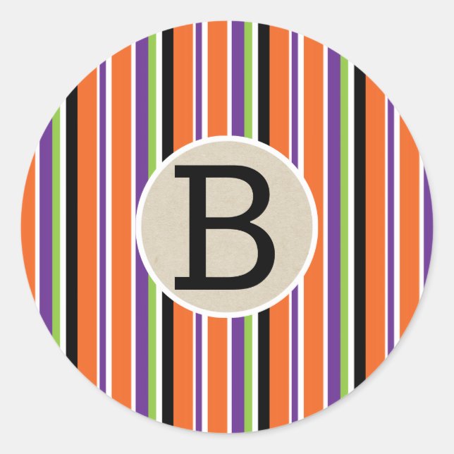 Halloween Stripes Colourful Monogram Party Favour Classic Round Sticker (Front)