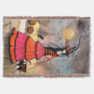Halloween Stroll Fantasy Witch Cat Halloween Art Throw Blanket