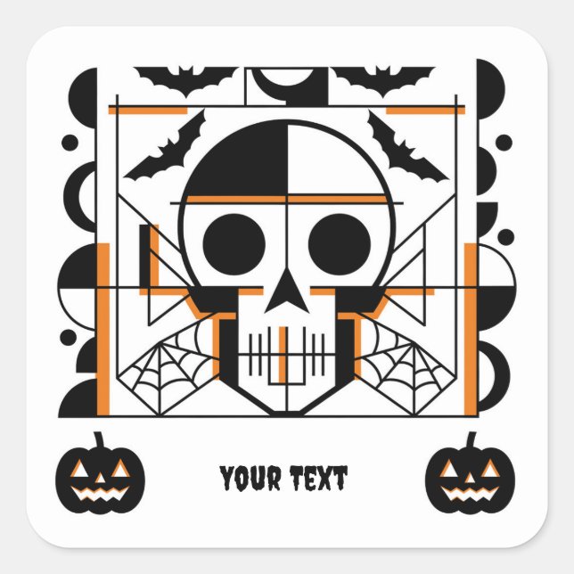 Halloween-style skull, bats, spider webs square sticker (Front)