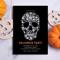Halloween Sugar Skull Black Floral Invitation
