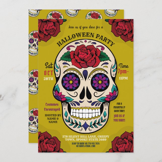 Halloween Sugar Skull Gothic Party Roses Horror Invitation (Front/Back)