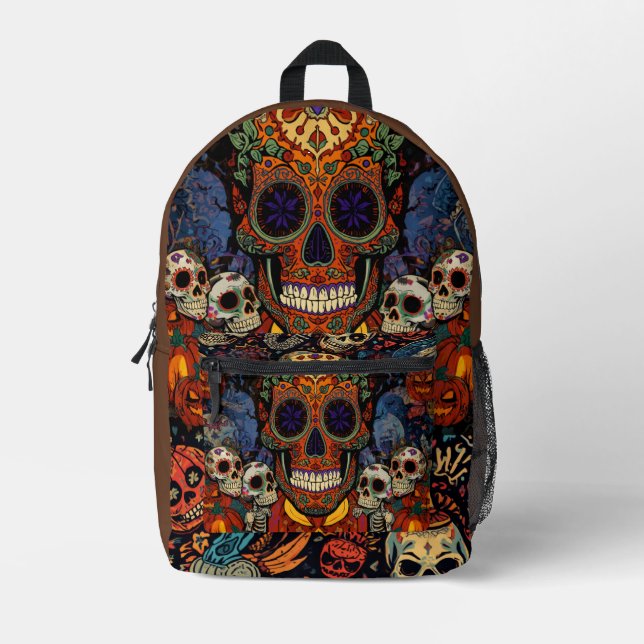 Halloween,Sugar Skull Pumpkin Fiesta, Calavera  Printed Backpack (Front)