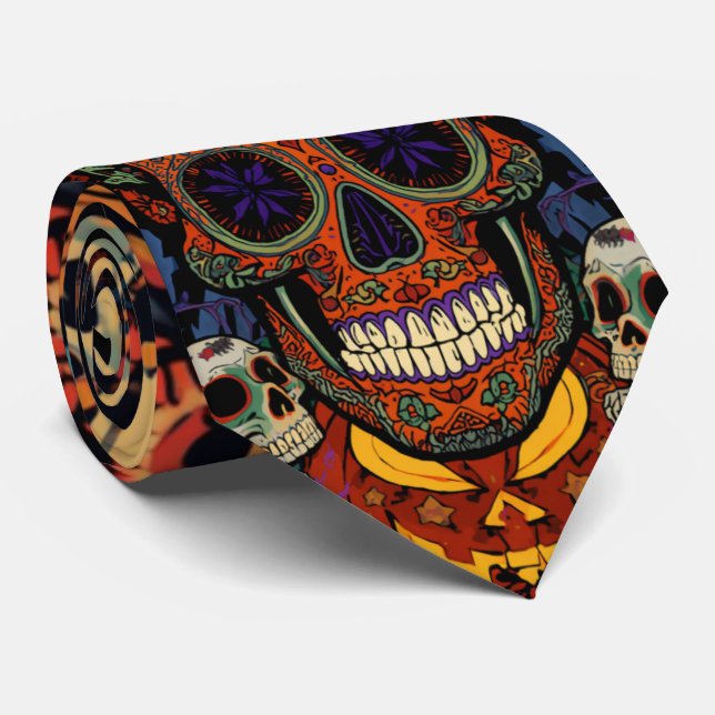 Halloween, Sugar Skull Pumpkins Fiesta, Calavera  Tie (Rolled)