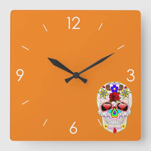 Halloween Sugar Skull - Tattoo Art Square Wall Clock (Front)