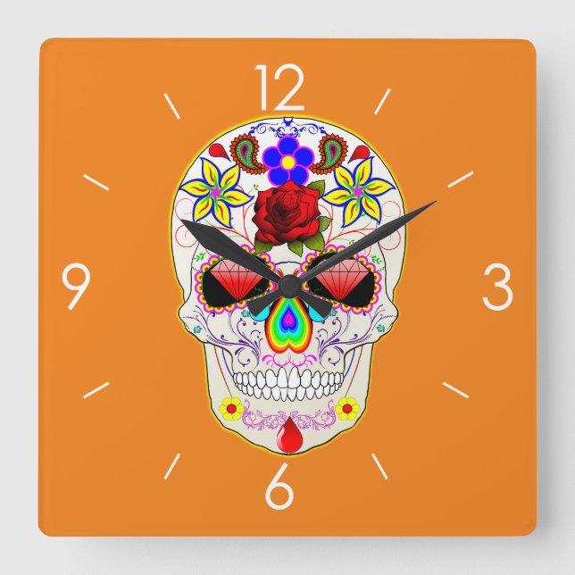 Halloween Sugar Skull - Tattoo Art Square Wall Clock (Front)