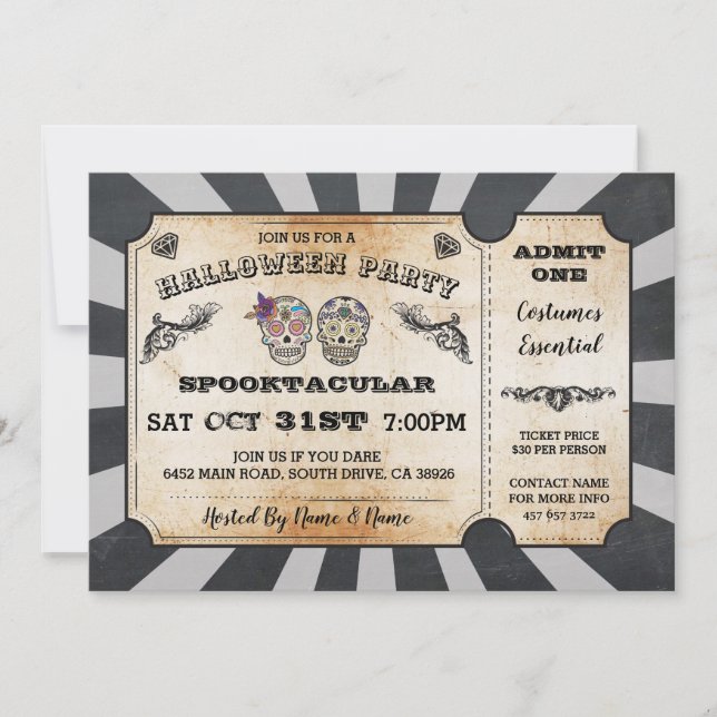 Halloween Sugar Skulls Ticket Party Invitation (Front)
