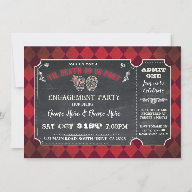 Halloween Sugar Skulls Ticket Party Red Invitation (Front)