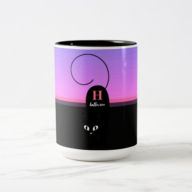 Halloween Sunset Black Cat Monogram Two-Tone Coffee Mug (Center)