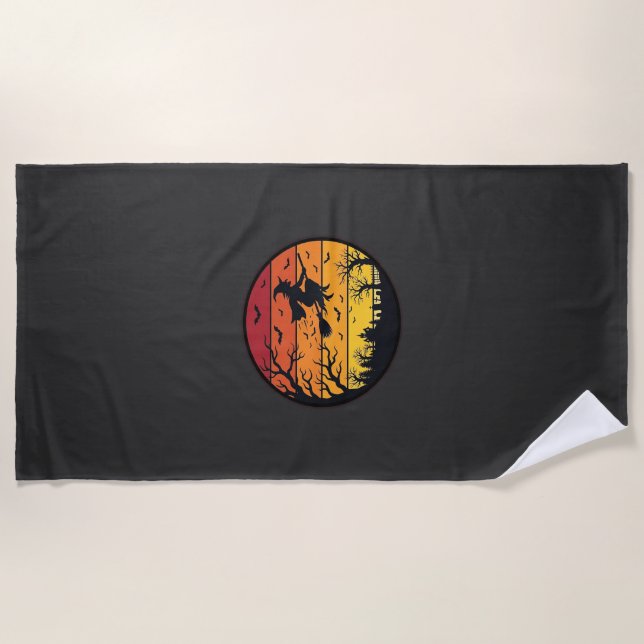 Halloween Sunset Witch Silhouette Retro Circle Des Beach Towel (Front)