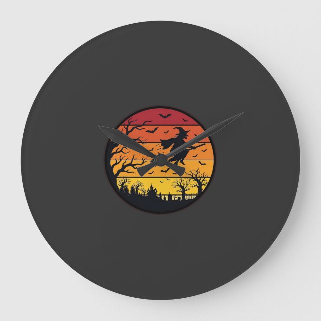 Halloween Sunset Witch Silhouette Retro Circle Des Large Clock (Front)