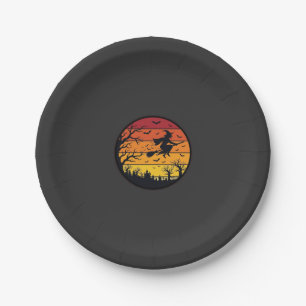 Halloween Sunset Witch Silhouette Retro Circle Des Paper Plate