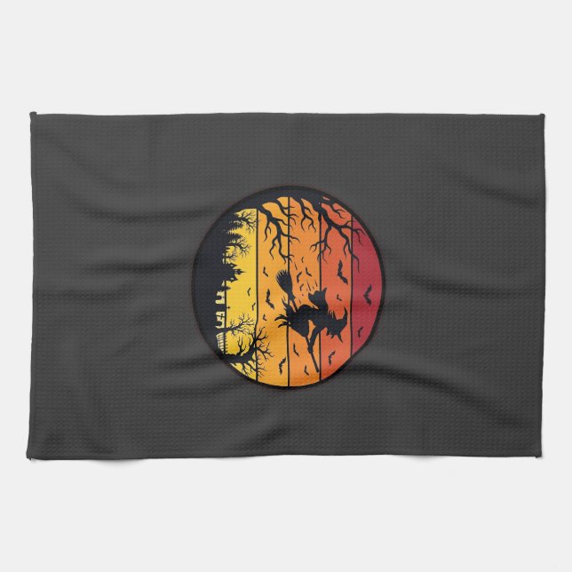 Halloween Sunset Witch Silhouette Retro Circle Des Tea Towel (Horizontal)