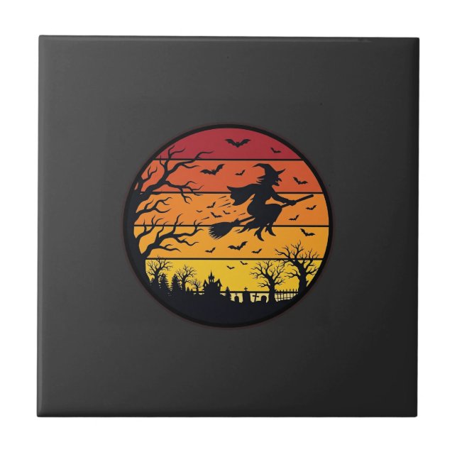 Halloween Sunset Witch Silhouette Retro Circle Des Tile (Front)