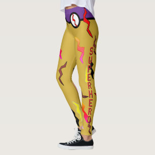 Halloween Superhero Purple Gold Lightning Bolts Leggings