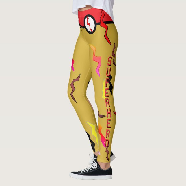 Halloween Superhero Red Gold Lightning Bolts Leggings (Left)