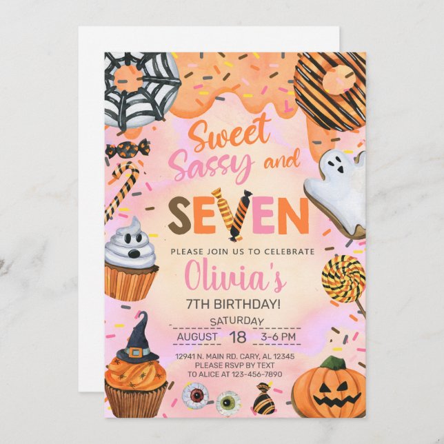 Halloween sweet sassy seven 7th birthday invite. invitation (Front/Back)