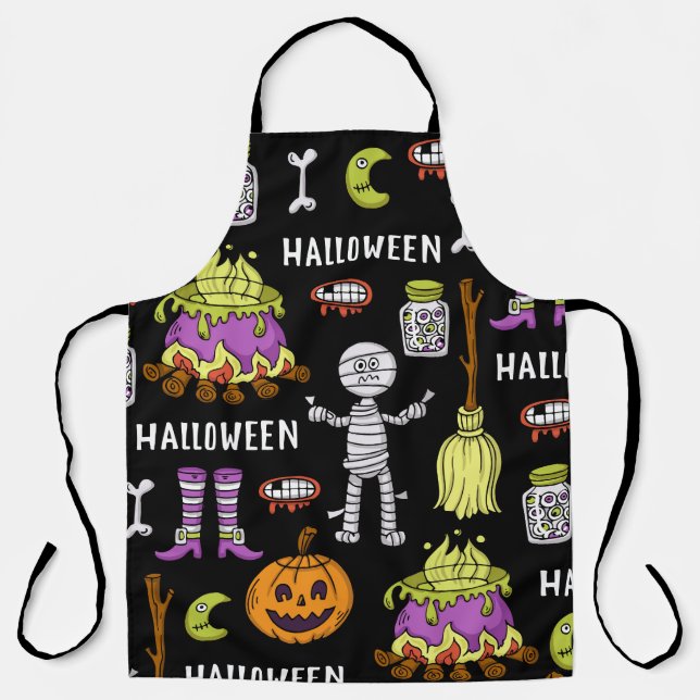 Halloween symbols, vintage seamless theme apron (Front)