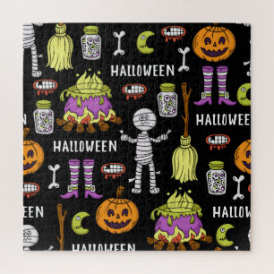 Halloween symbols, vintage seamless theme jigsaw puzzle