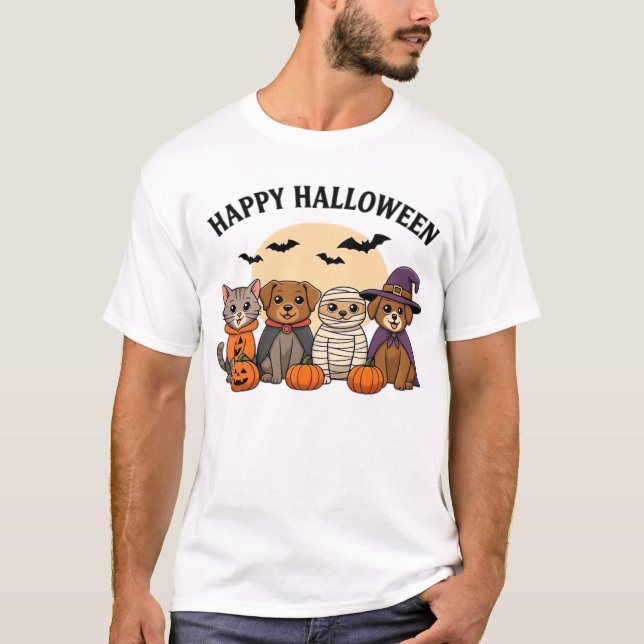 Halloween T-Shirt with Cute Cats and Dogs in Costu (Front)