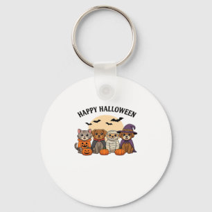 Halloween T-Shirt with Cute Cats and Dogs in Costu Key Ring