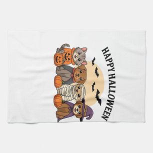 Halloween T-Shirt with Cute Cats and Dogs in Costu Tea Towel