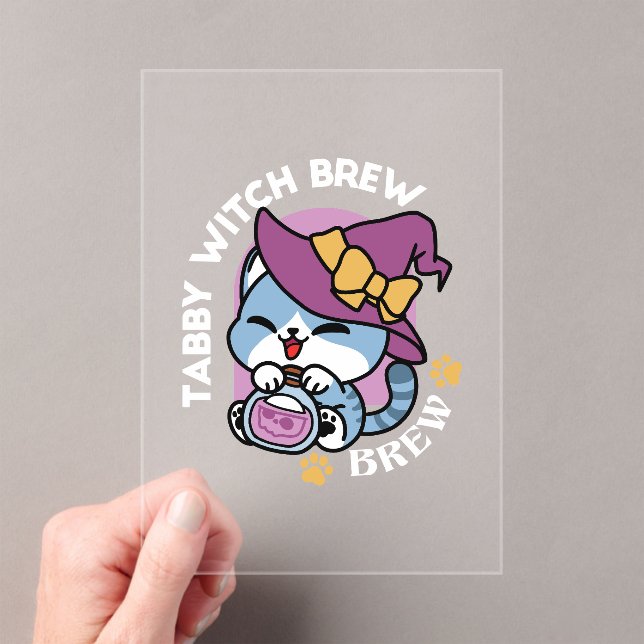 Halloween Tabby Cat – Witch Hat & Potion Art Acrylic Invitations (Insitu (Handheld))