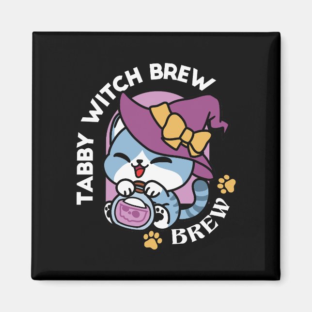 Halloween Tabby Cat – Witch Hat & Potion Art Magnet (Front)