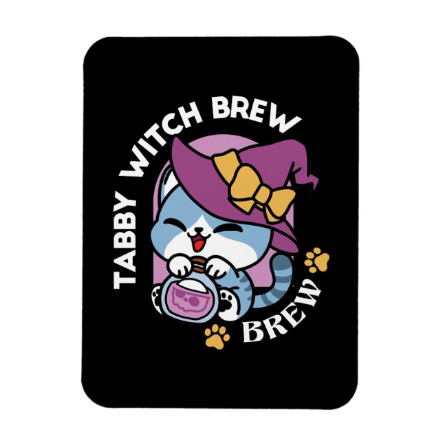 Halloween Tabby Cat – Witch Hat & Potion Art Magnet (Vertical)