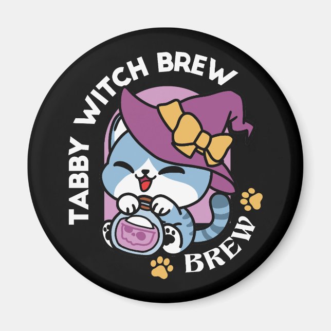 Halloween Tabby Cat – Witch Hat & Potion Art Magnet (Front)