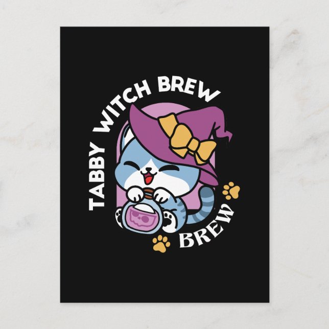 Halloween Tabby Cat – Witch Hat & Potion Art Postcard (Front)