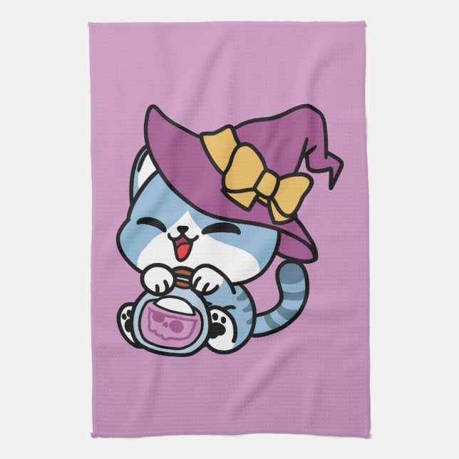 Halloween Tabby Cat – Witch Hat & Potion Art Tea Towel (Vertical)