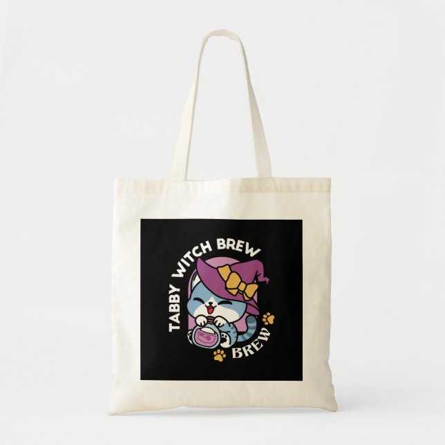 Halloween Tabby Cat – Witch Hat & Potion Art Tote Bag (Front)