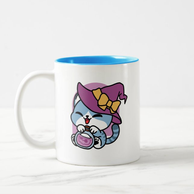 Halloween Tabby Cat – Witch Hat & Potion Art Two-Tone Coffee Mug (Left)