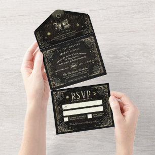 Halloween Tarot Black & Gold Wedding  All In One I Invitation