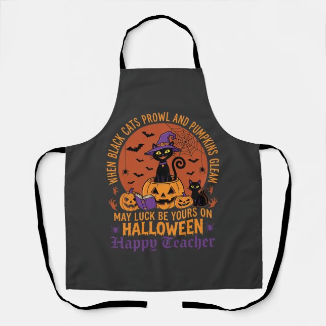 Halloween Teacher Black Cat Pumpkin Luck Apron (Front)