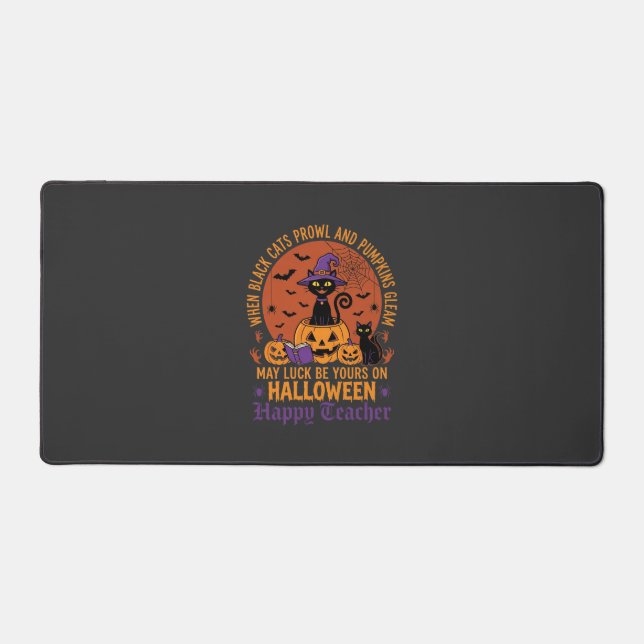 Halloween Teacher Black Cat Pumpkin Luck Desk Mat (Front)